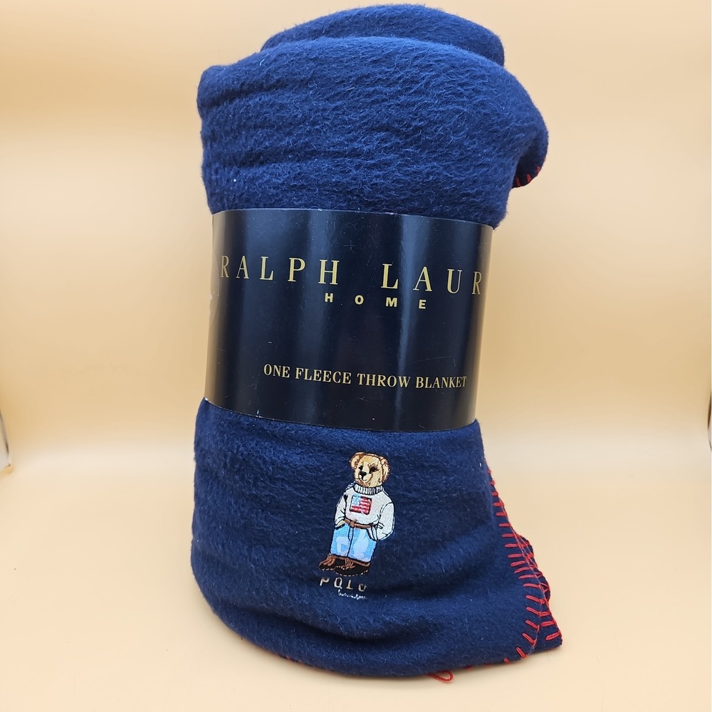 Ralph Lauren Home Fleece Throw Blanket Polo Bear Navy Blue Red Stitch New NOS